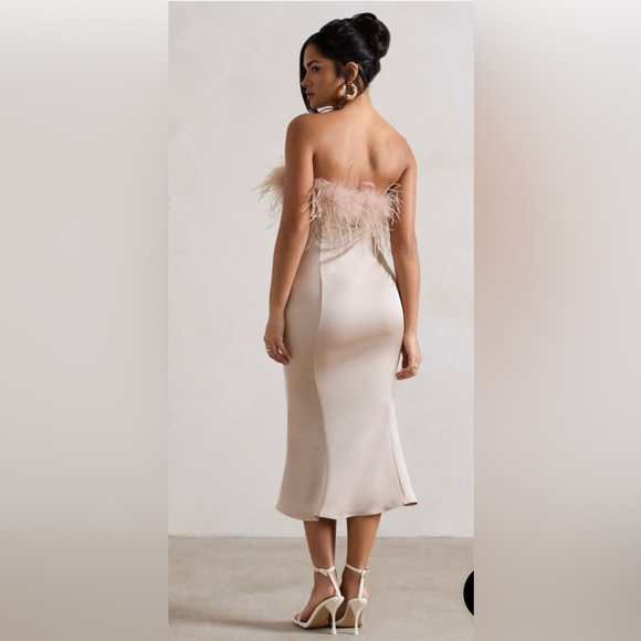 CHAMPAGNE SATIN FEATHER TRIM MIDI DRESS - Picture 4 of 4